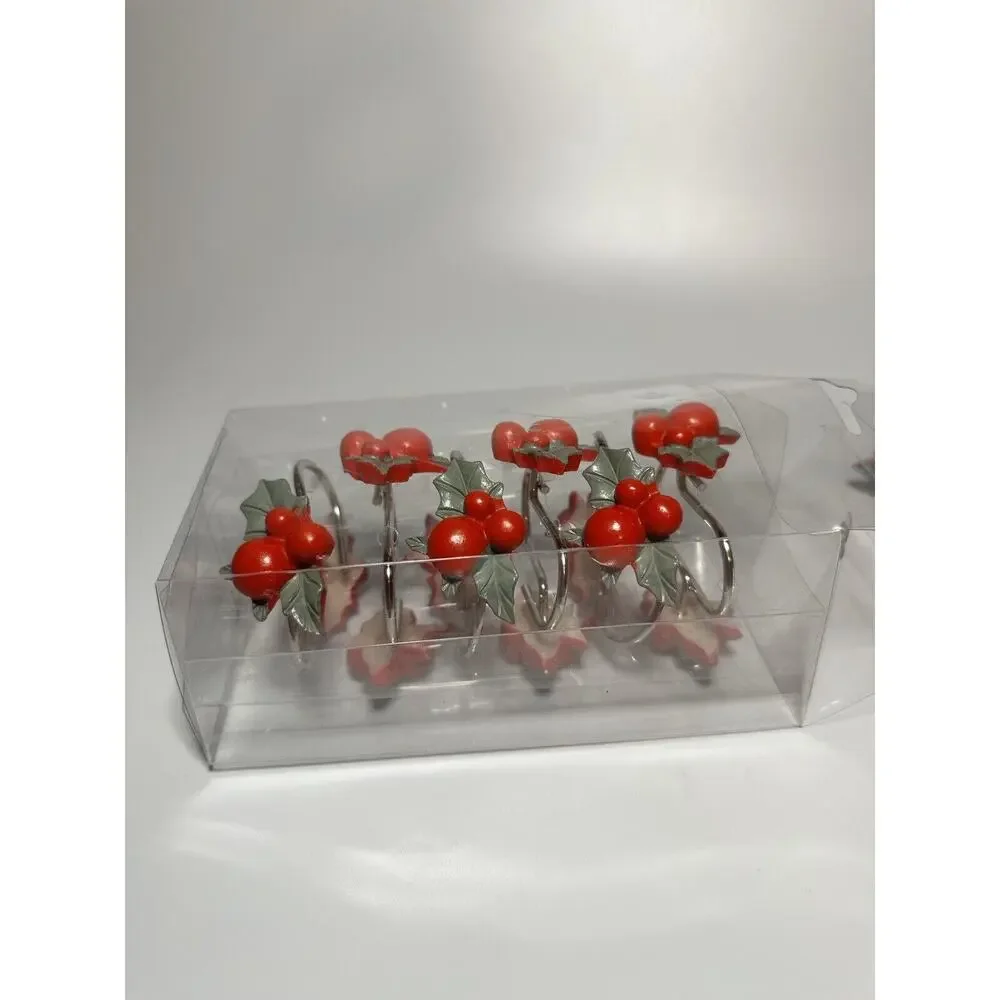 Christmas Holiday Holly Berry Shower Curtain Hooks Set of 12 New & Used Set
